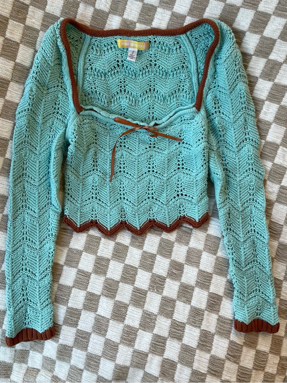 Urban Outfitters Women’s Cropped Openwork Sweater with Contrast Trim - Teal